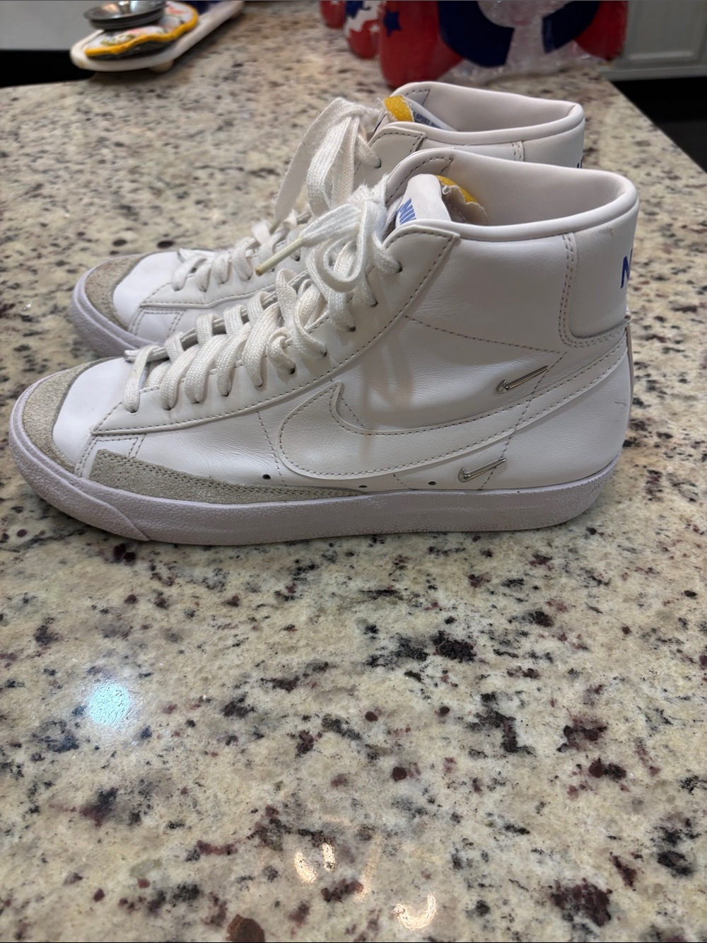 Nike White High-Top Sneakers with Gray Suede Toe and Yellow Tongue Tab - Picture 4 of 6